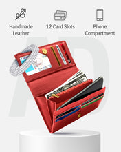 Cargar imagen en el visor de la galería, Genuine Leather Accordion Clutch Wallet – Zip Coin Pocket, RFID Blocking