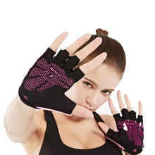 Load image into Gallery viewer, Woman wearing fitness sport gloves showcasing grip and protection.