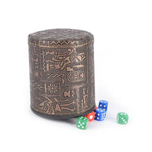 Load image into Gallery viewer, Egyptian pattern brown leather rune dice cup with colorful dice, ideal for gaming and divination rituals.