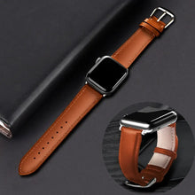 Charger l'image dans la galerie, Brown leather band for Apple Watch, compatible with Series 1-5, shown on black background, highlighting its elegance and design.
