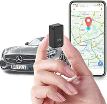 Load image into Gallery viewer, Hand holding Magnetic GPS Tracker© with a car and smartphone map in the background, highlighting precision tracking device.