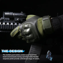 Load image into Gallery viewer, Alt Tag: Full-finger knuckle reinforced tactical gloves in action, showcasing durability, protection, and flexible fit for tactical operations.