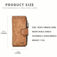 Cargar imagen en el visor de la galería, Vintage Faux Leather Long Wallet – Trifold Credit Card Holder with Snap & Zipper