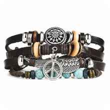 Load image into Gallery viewer, Multilayer leather bracelet with charms and beads, featuring a peace sign, wing, and tribal designs, perfect for stylish accessory lovers.