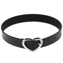 Load image into Gallery viewer, Black leather choker with a silver heart-shaped buckle, adjustable straps for versatile styling.
