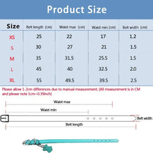Cargar imagen en el visor de la galería, Size chart for handcrafted leather dog collar showing belt length, waist max/min, and belt width in cm for sizes XS to XL.