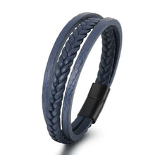 Load image into Gallery viewer, Blue braided cattle leather bracelet with black clasp, showcasing elegance and style for both casual and formal occasions.