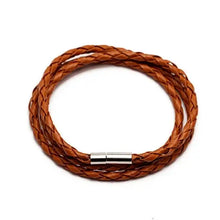 Load image into Gallery viewer, Colorful braided PU leather bracelet with metal clasp, vegan and stylish, perfect fashion accessory for any wardrobe.