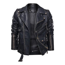 Load image into Gallery viewer, Men's vegan leather jacket with sleek design and zippers, showcasing classic style and sustainability. Imported fashion statement.