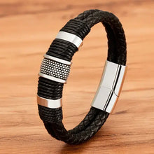 Load image into Gallery viewer, Woven leather rope and stainless steel men's bracelet on wooden surface