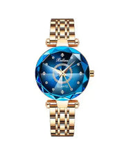 Load image into Gallery viewer, Diamond Flower Watch with blue 3D-cut face, gold strap, and diamond details for a dazzling fashion statement.