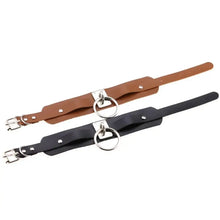 Load image into Gallery viewer, Brown and black leather choker bandage collars with metal rings, stylish and edgy fashion accessories.