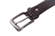 Charger l'image dans la galerie, A close-up of a dark brown crocodile-embossed leather belt strap with a polished silver-tone metal buckle, set against a plain white background.