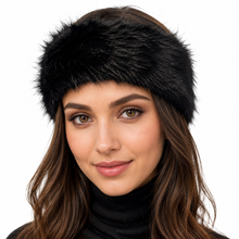 Charger l'image dans la galerie, A close-up of a woman wearing a thick, fluffy black faux fur headband against a solid white background.