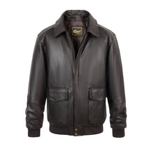 Charger l'image dans la galerie, A dark brown leather jacket with a zippered front, pointed collar, and two front flap pockets, shown on a plain white background.
