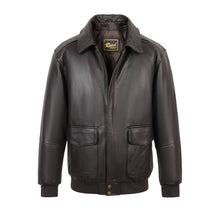 Charger l'image dans la galerie, A dark brown leather jacket with a zippered front, pointed collar, and two large front flap pockets, shown on a plain white background.