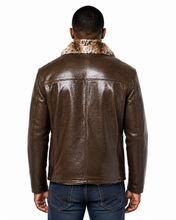 Cargar imagen en el visor de la galería, A man viewed from the back wearing a brown textured leather jacket with a patterned animal-print collar, paired with blue jeans, against a plain white background.