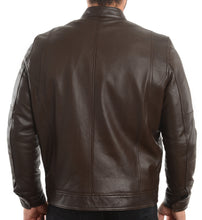Load image into Gallery viewer, A man viewed from the back wearing a dark brown leather jacket and black pants, set against a plain white background.