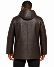 Charger l'image dans la galerie, A man viewed from the back wearing a dark brown textured leather hooded jacket, set against a plain white background.