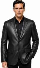 Charger l'image dans la galerie, A man wearing a black leather blazer over a black button-down shirt, photographed against a solid white studio background.