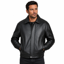 Load image into Gallery viewer, A man wearing a black leather jacket with a collar, front zipper, and snap-button hem, photographed against a plain white background.