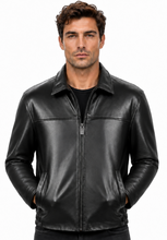 Charger l'image dans la galerie, A man wearing a black leather jacket with a front zipper and collar, paired with a black shirt and black pants, photographed against a plain white background.