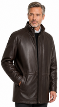 Load image into Gallery viewer, A man wearing a dark brown leather jacket, black trousers, and black dress shoes, standing against a plain white background.