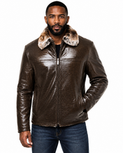 Cargar imagen en el visor de la galería, A man wearing a dark brown textured leather jacket with a light brown and white faux fur collar, paired with blue jeans, against a plain white background.