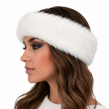 Charger l'image dans la galerie, A woman in profile wearing a wide, fluffy white faux fur headband against a solid white background.