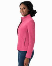 Cargar imagen en el visor de la galería, A woman modeling a bright pink zip-front jacket with a stand collar, shown in side profile against a plain white background.