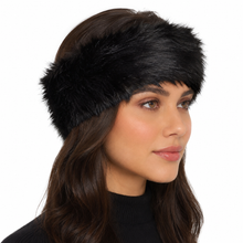 Charger l'image dans la galerie, A woman wearing a black faux fur headband, shown in a close-up profile view against a solid white background.