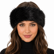 Charger l'image dans la galerie, A woman wearing a wide, plush black faux fur headband against a solid white background.
