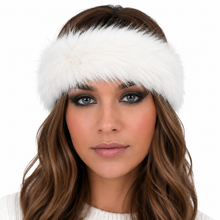 Charger l'image dans la galerie, A woman with long brown hair wearing a fluffy white faux-fur headband, shown from the chest up against a plain white background.