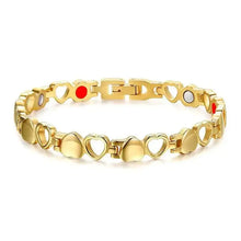 Load image into Gallery viewer, Gold magnetic therapy bracelet with heart-shaped links for wellness.