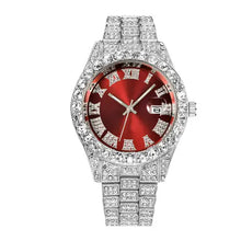 Cargar imagen en el visor de la galería, Luxury diamond Roman wrist watch with red dial, gold stainless steel case, and diamond-encrusted bezel, exuding elegance and style.