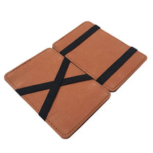 Load image into Gallery viewer, Vegan leather minimalist magic wallet with black elastic bands, eco-friendly design for organized cards and cash.