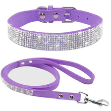 Load image into Gallery viewer, Purple leather dog collar and leash set with sparkling rhinestones, combining style and comfort for secure pet walks.