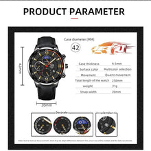 Load image into Gallery viewer, Men's Casual Leather Watch with quartz movement, detailed product specifications, case diameter 42mm, and calendar feature.