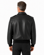 Charger l'image dans la galerie, Back view of REED Men's Bomber Leather Jacket, union-made in USA, showcasing durable naked cow leather and classic design.