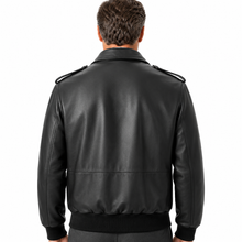 Charger l'image dans la galerie, Back view of black REED Men's Bomber Leather Jacket, union-made in USA, showcasing durable naked cow leather and classic design.