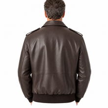 Charger l'image dans la galerie, Back view of brown REED Men's Bomber Leather Jacket, union-made in USA, showcasing durable naked cow leather and classic design.