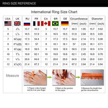 Load image into Gallery viewer, International ring size chart with measurement guide and country-specific sizing information for accurate selection.