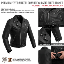 Load image into Gallery viewer, Black leather biker jacket with features highlighted on a white background