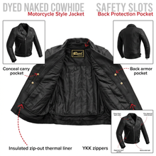 Load image into Gallery viewer, Black motorcycle style jacket with features highlighted on a white background