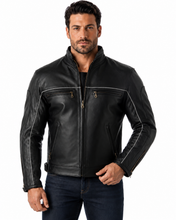 Charger l'image dans la galerie, Black vented leather motorcycle jacket with light reflector, worn by a model. Features air vents and adjustable straps for comfort and safety.