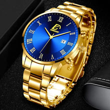 Load image into Gallery viewer, Gold minimalist men's watch with blue dial, sleek and elegant design for timeless style.