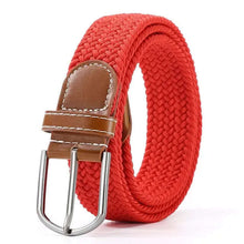Load image into Gallery viewer, Red elastic belt with alloy buckle and vegan leather accents for comfort and style.