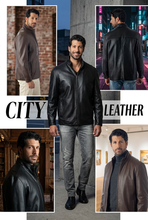 Load image into Gallery viewer, Collage of a man wearing leather jackets in various settings with 'City Leather' text.