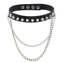 Load image into Gallery viewer, Black leather choker with silver studs and chain accents, edgy and stylish accessory for bold fashion statements