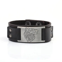 Load image into Gallery viewer, Vintage wide leather bracelet with woven wolf head design, symbolizing strength and independence, perfect for timeless style.